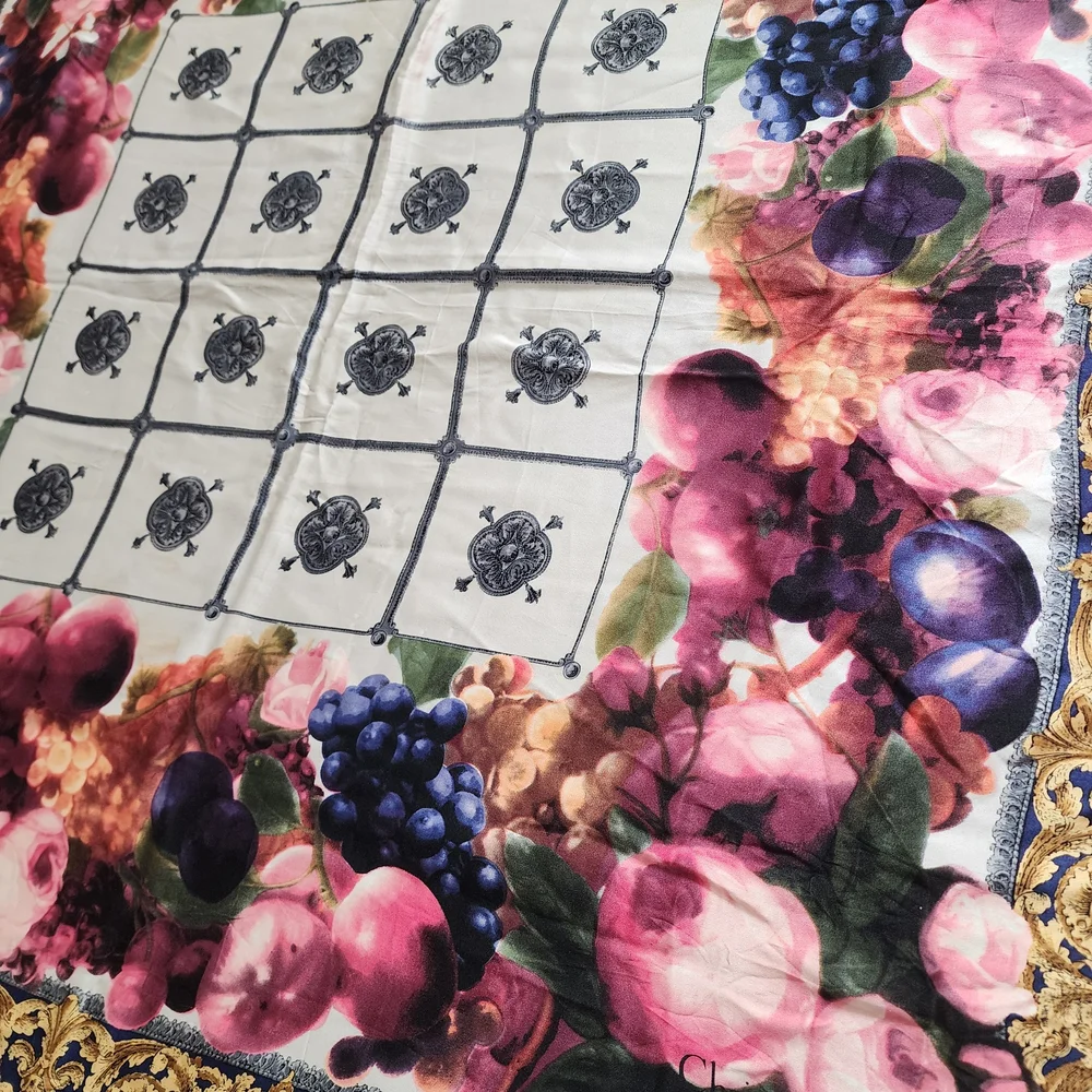 Auth Dior Blue and Gold Floral Fruit Silk Scarf